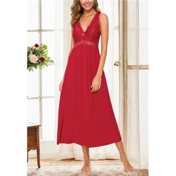 Mist Azur Womens Long Nightgowns Lace Sexy Lingerie V Neck Nightie Sleep Dress - Picture 6 of 7